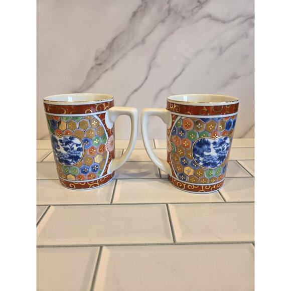 Kozan Gama Japan Imari Mugs Mino Ware Foo Dog Floral Pattern 10oz Set Of 2 GUC - Picture 8 of 13